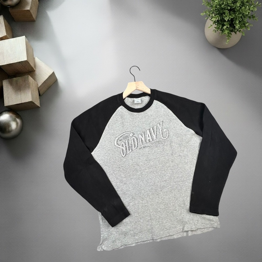 Old Navy Vintage Y2K Thermal Raglan Shirt Grey Black Waffle Knit Skater Mens L